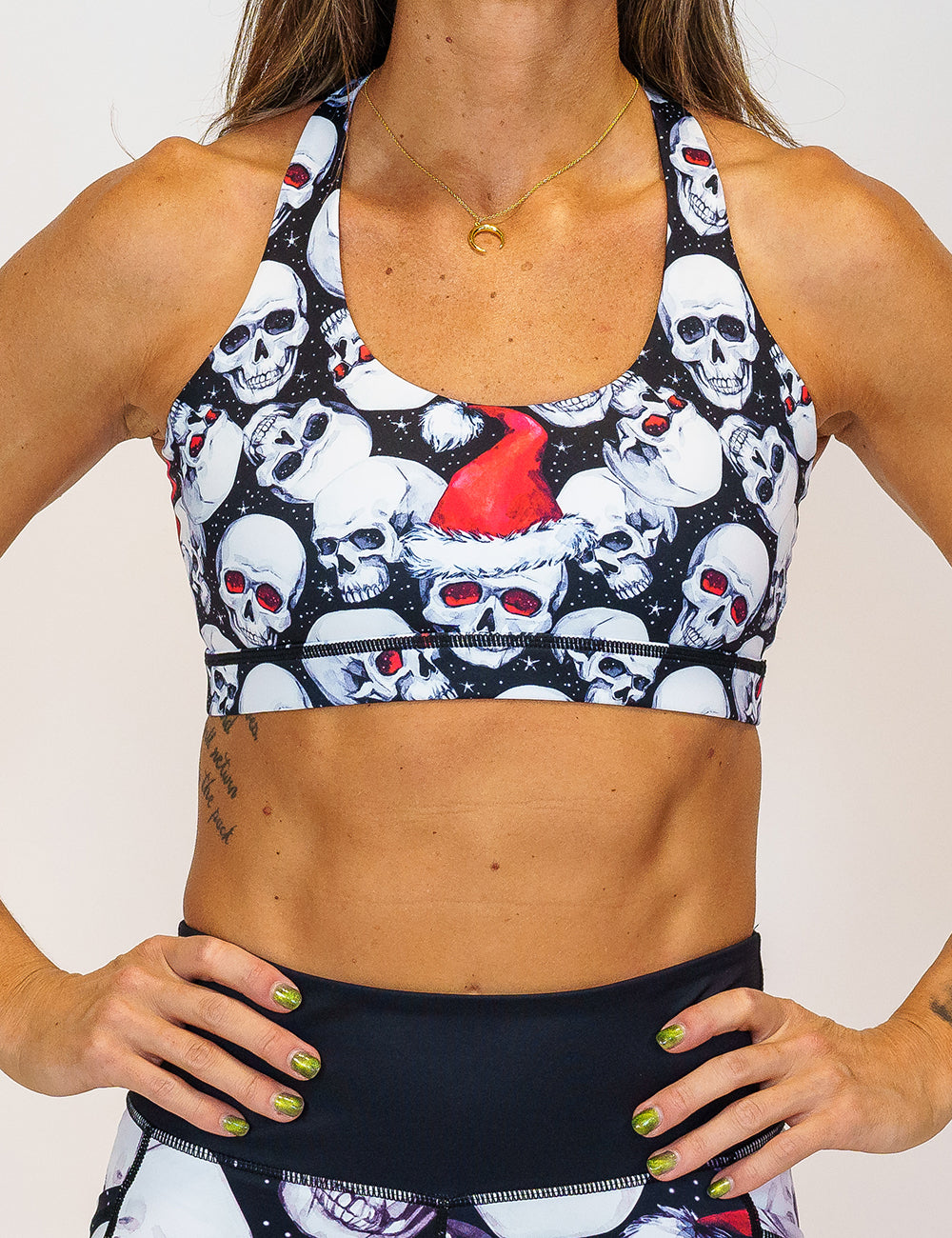 front view of santa hat and skull pattern bra