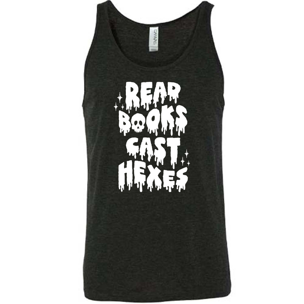 black shirt with the text "Read Books Cast Hexes" on it