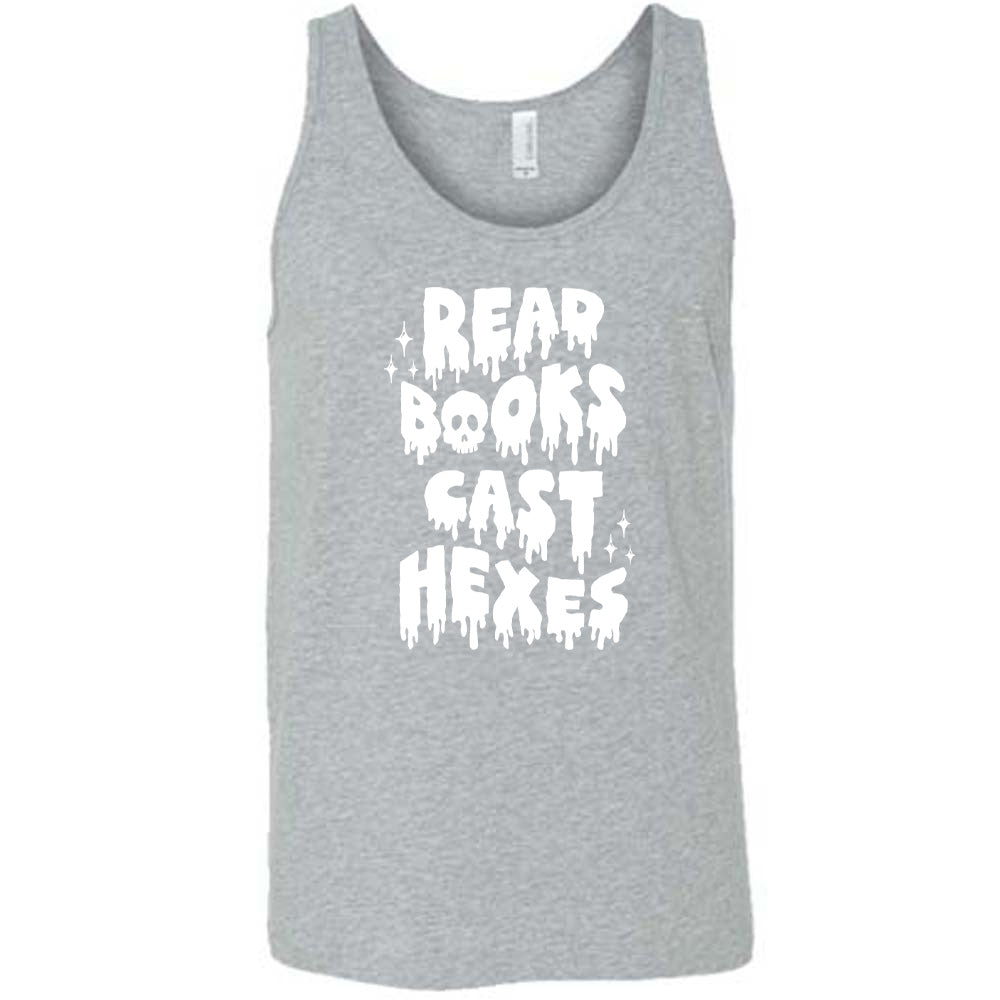 grey shirt with the text "Read Books Cast Hexes" on it