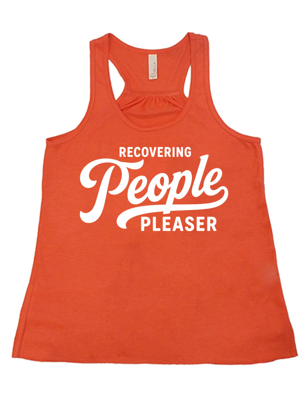 coral flowy racerback tank with words on it saying "recovering people pleaser"