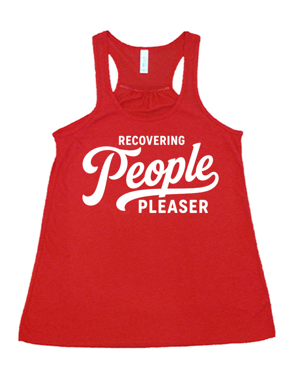 red flowy racerback tank with words on it saying "recovering people pleaser"