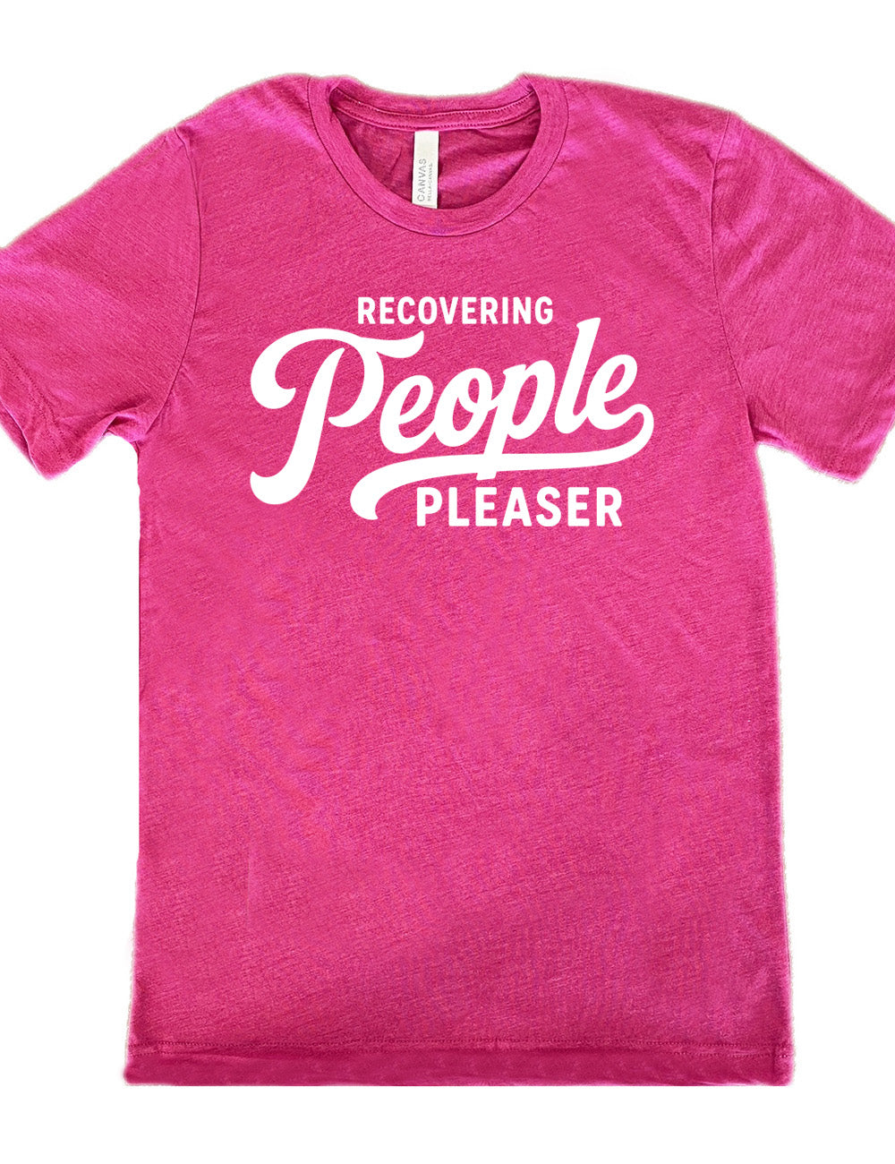 berry unisex tee with words on it saying "recovering people pleaser"