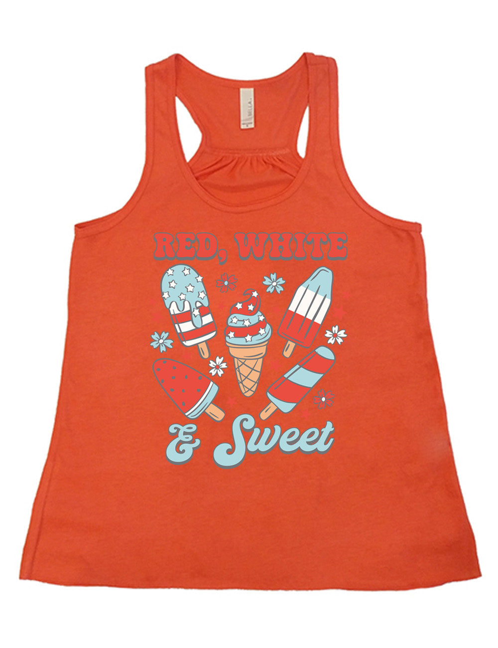 coral flowy racerback tank with the words "red, white, & sweet" on it, around the graphics of American flag-designed popsicles and an ice cream comb (5 total treats), and some flowers and stars 