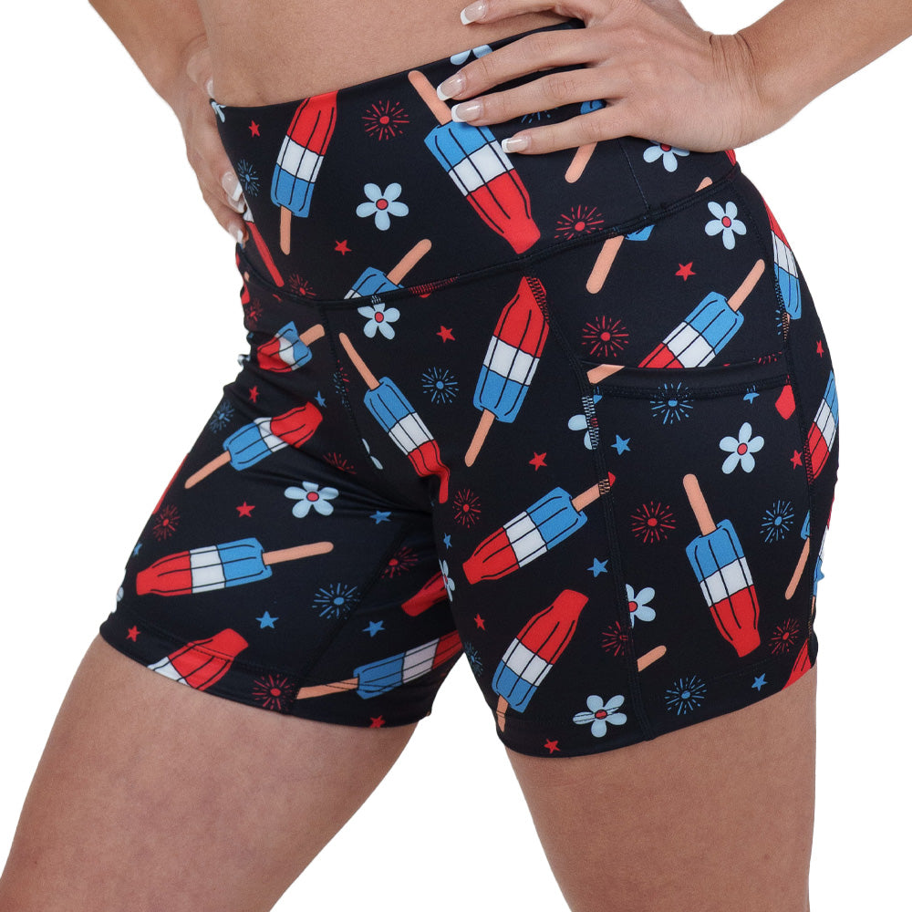 red, white and blue popsicle print shorts