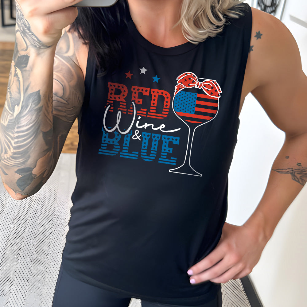 Model wearing black colored muscle tank with an American flag wine glass graphic on it that says "Red Wine & Blue"