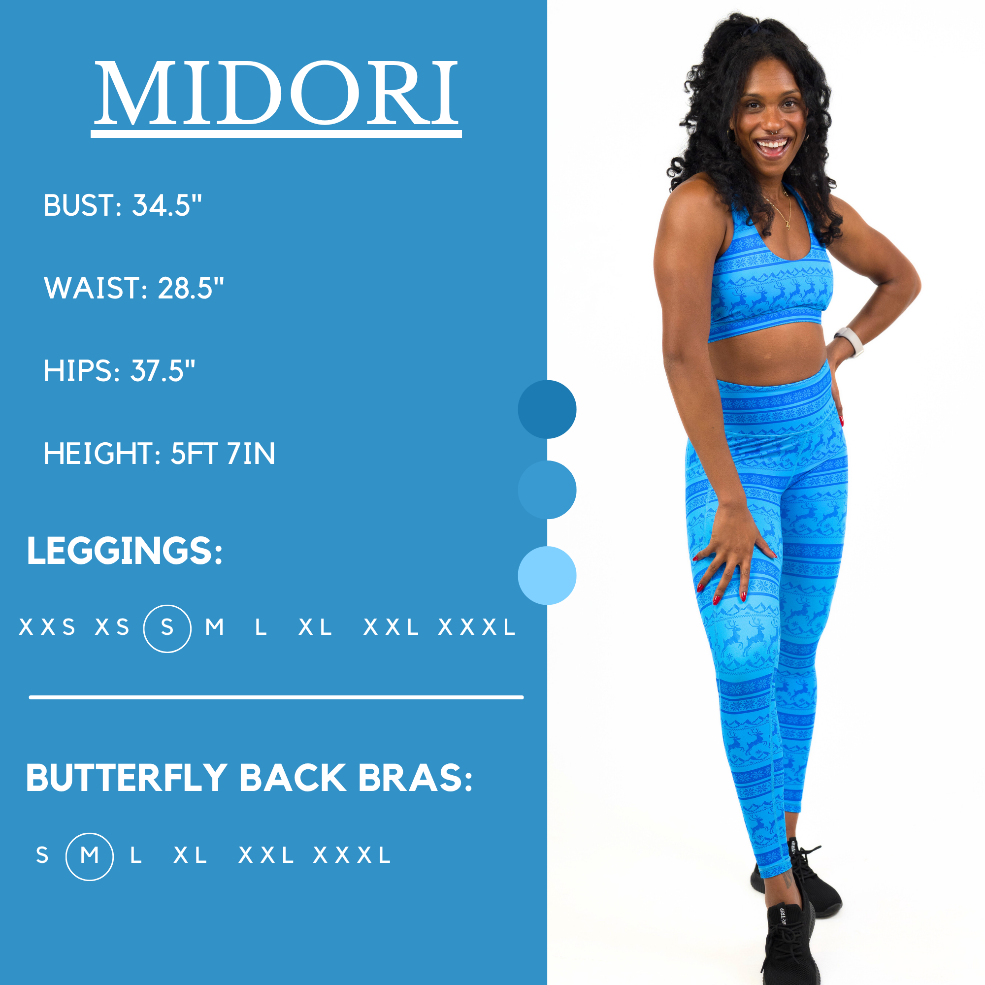 Model’s measurements of 34.5” bust, 28.5” waist, 37.5” hips and height of 5 ft 7 inches. She is wearing a size small in our leggings