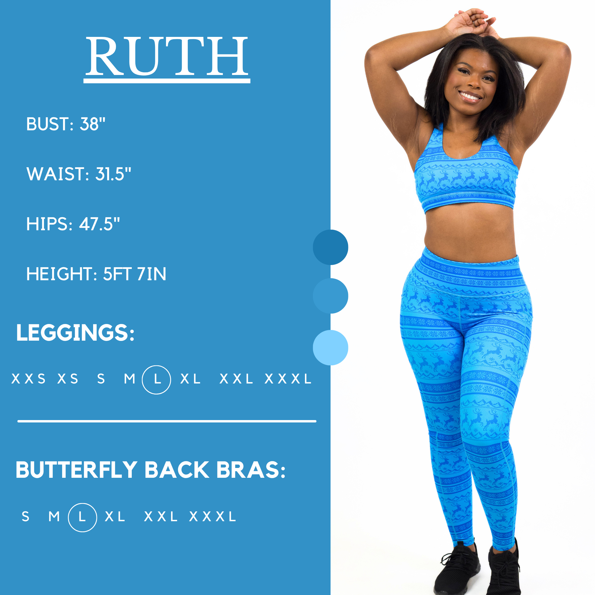Model’s measurements of 38” bust, 31.5” waist, 47.5” hips and height of 5 ft 7 inches. She is wearing a size large in our leggings