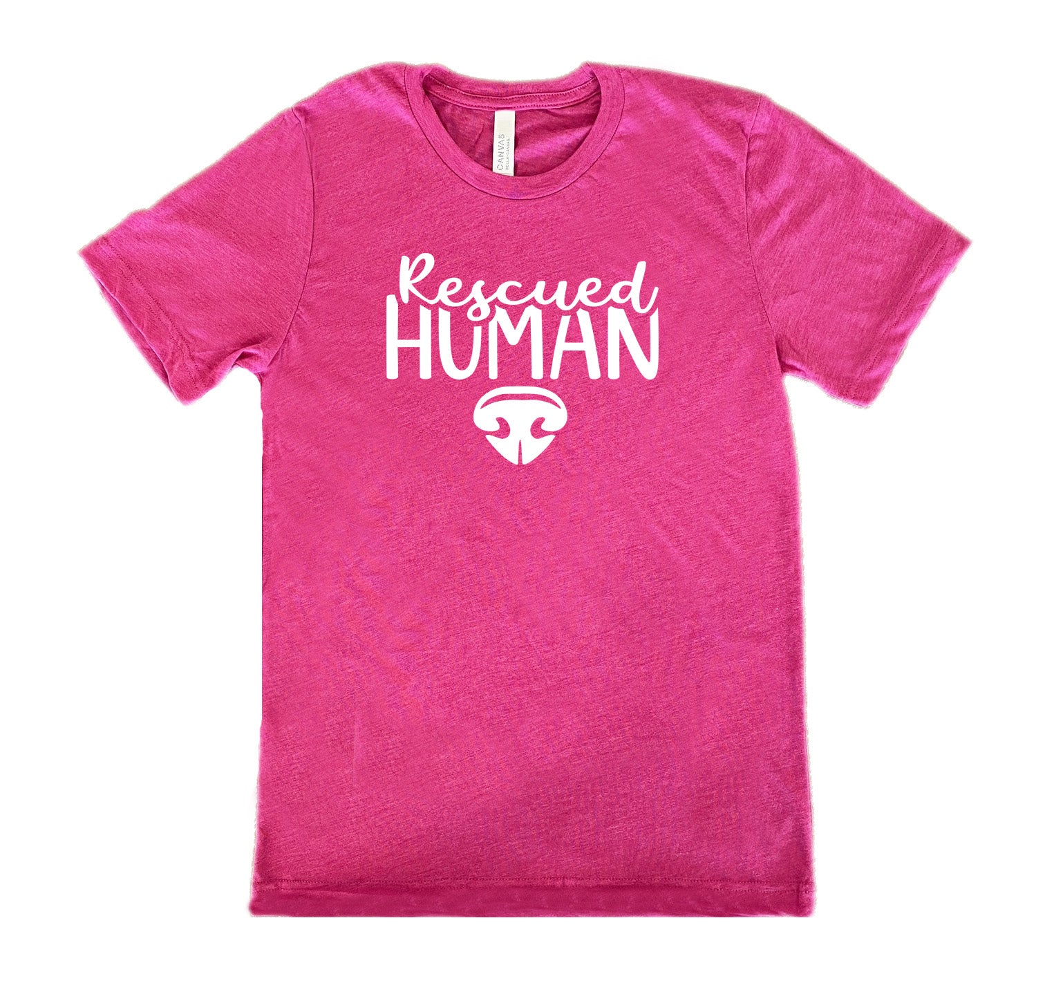 Berry colored shirt with dog nose graphic on it that says "Rescued Human"