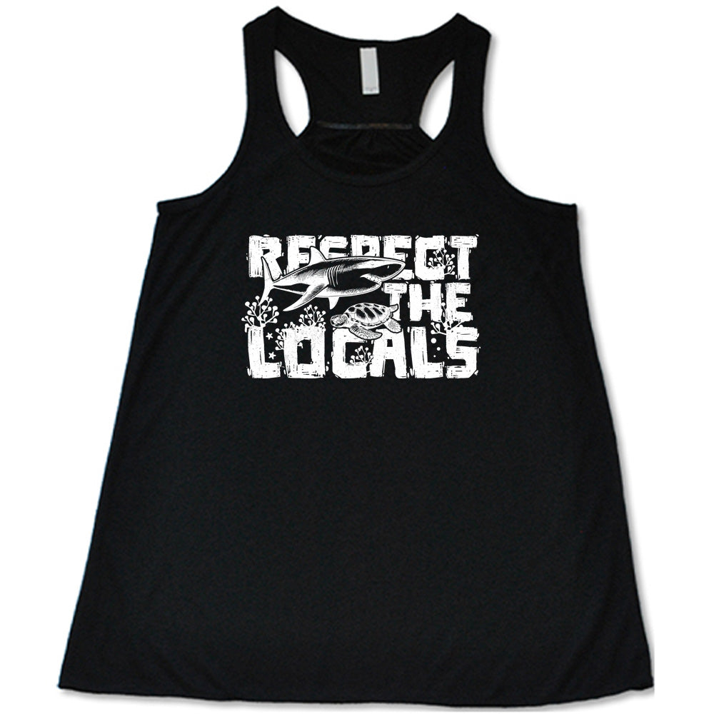 Black colored flowy tank with a shark and turtle graphic on it that says "Respect The Locals" 