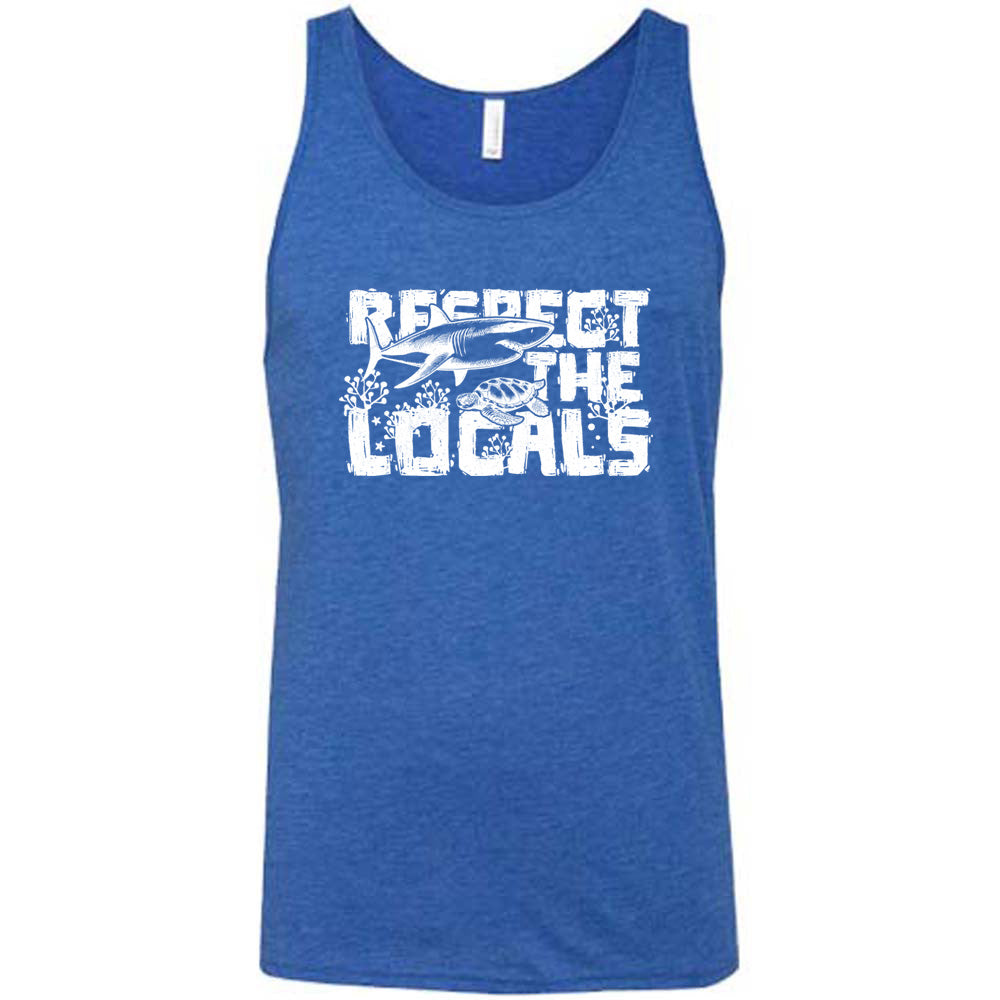 Blue colored tank with a shark and turtle graphic on it that says "Respect The Locals" 