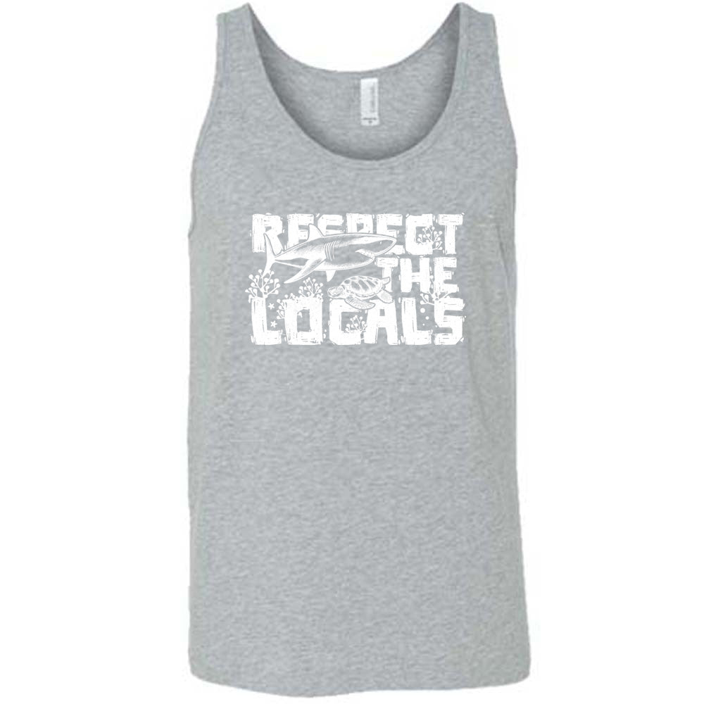 Grey colored tank with a shark and turtle graphic on it that says "Respect The Locals" 