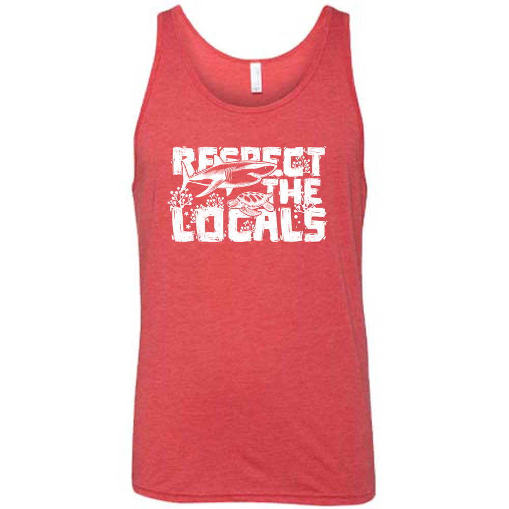 Red colored tank with a shark and turtle graphic on it that says "Respect The Locals" 