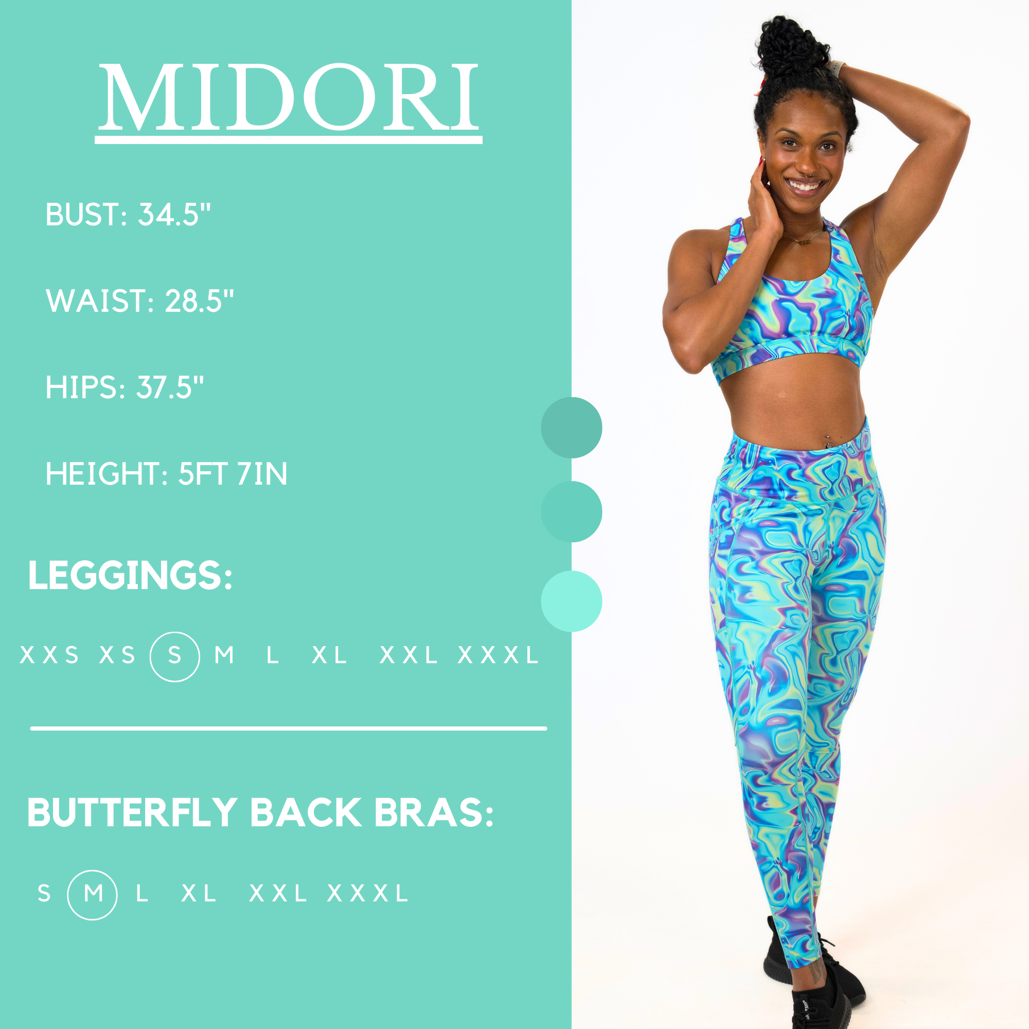 Model’s measurements of 34.5” bust, 28.5” waist, 37.5” hips and height of 5 ft 7 inches. She is wearing a size small in our leggings