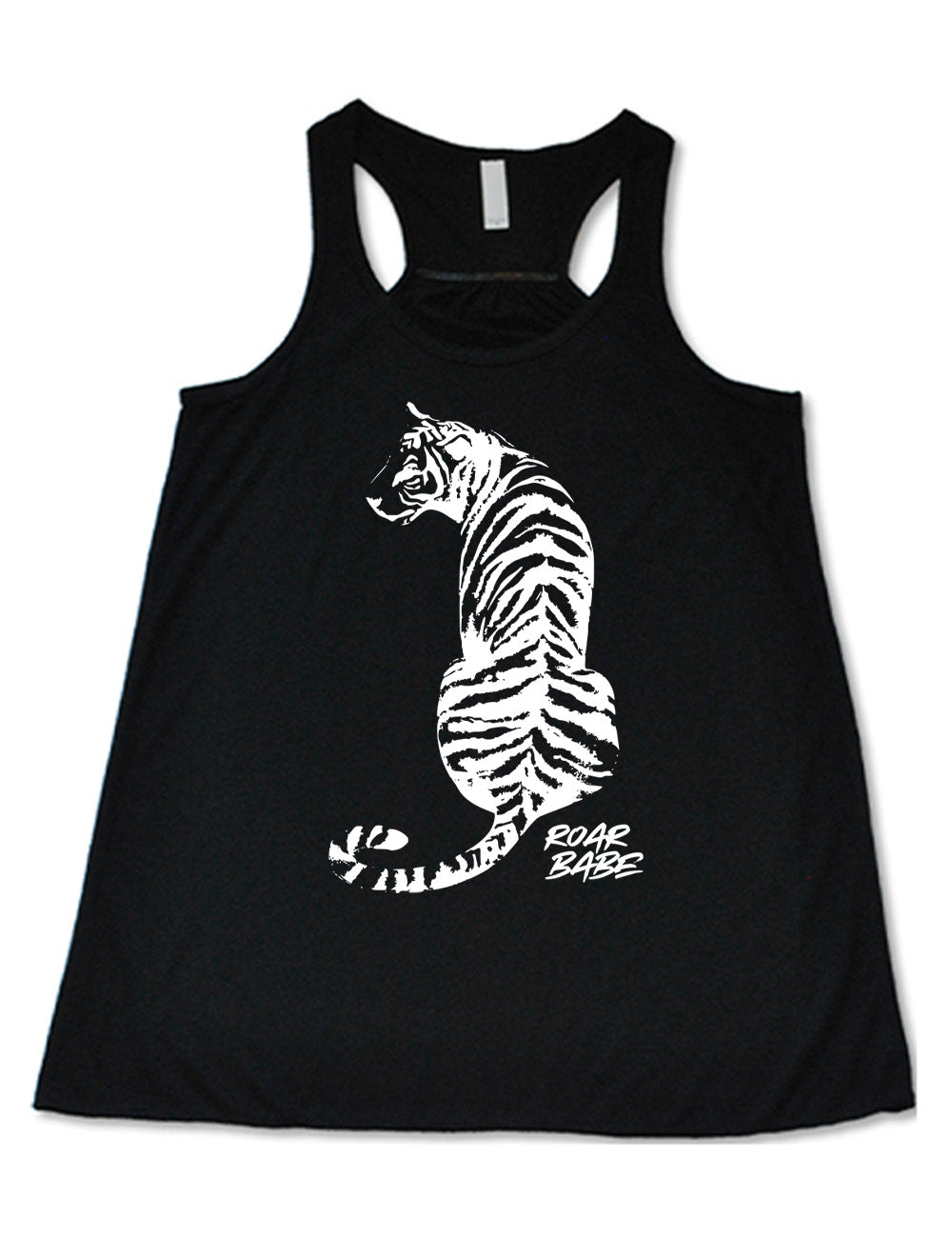 black flowy racerback tank with the graphic of a tiger, from the back, sitting, looking to one side, with the words "roar babe" in small font underneath