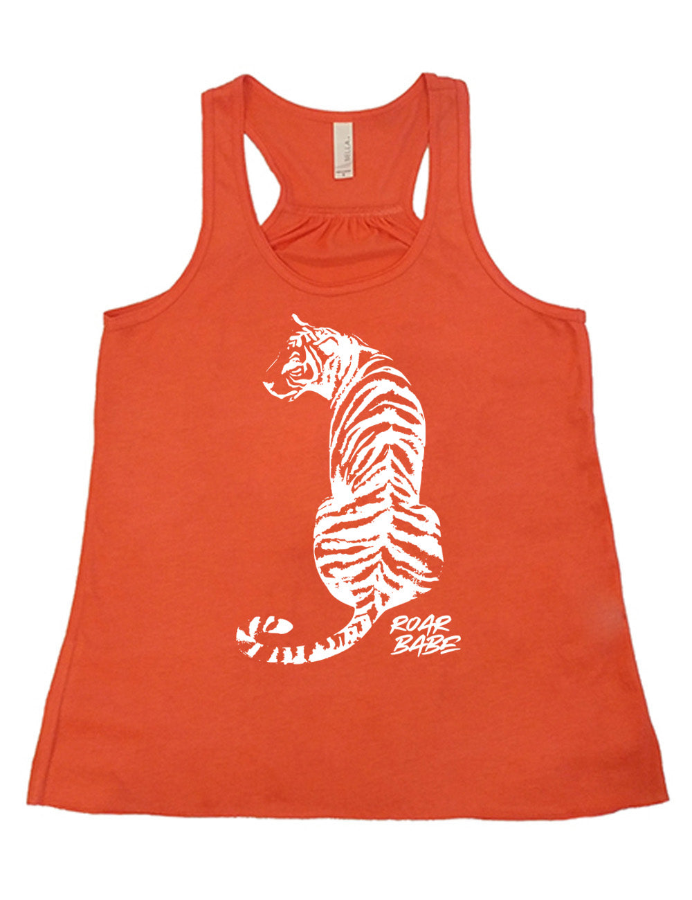 coral flowy racerback tank with the graphic of a tiger, from the back, sitting, looking to one side, with the words "roar babe" in small font underneath
