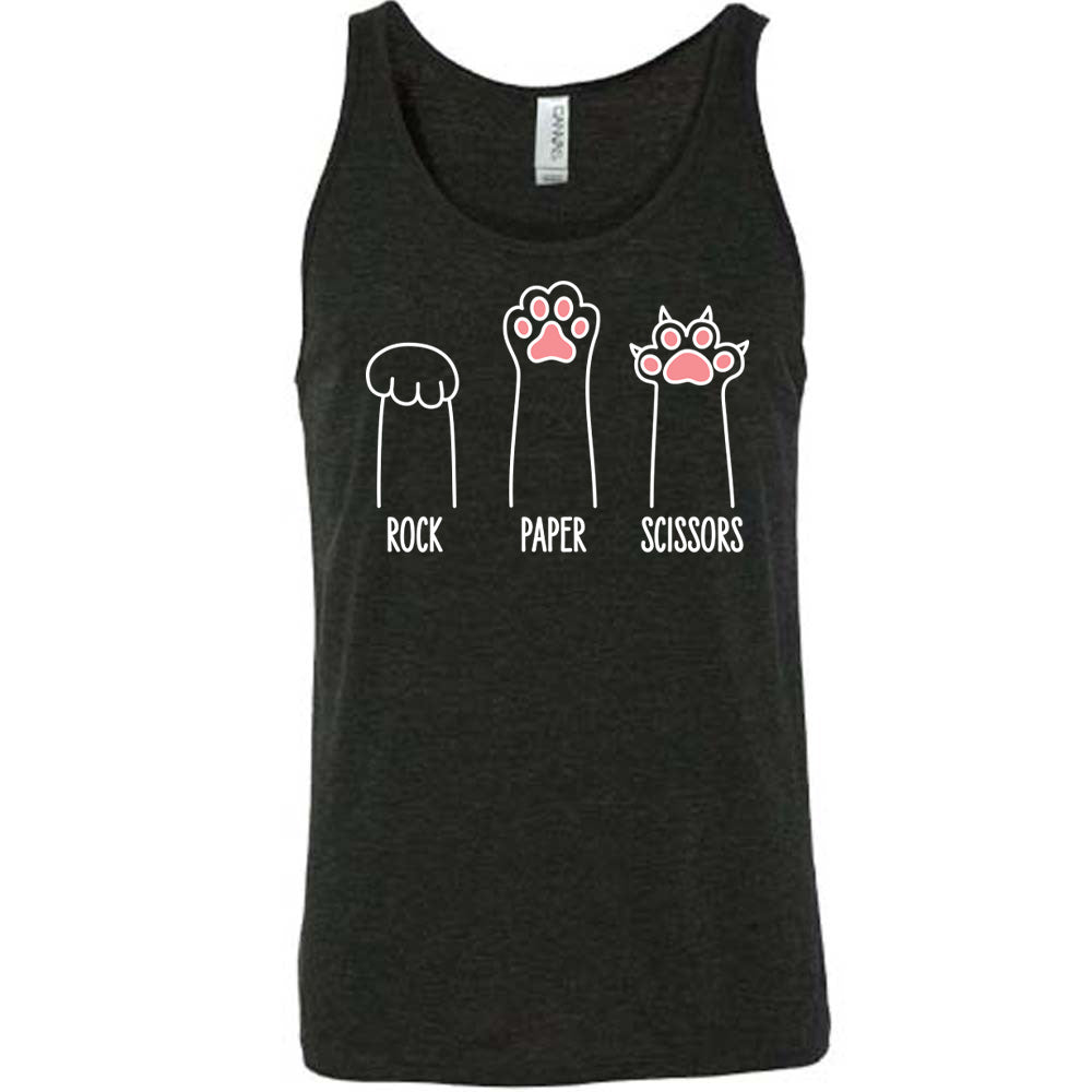 Black colored tank with a triple cat paw graphic on it that says "Rock Paper Scissors"