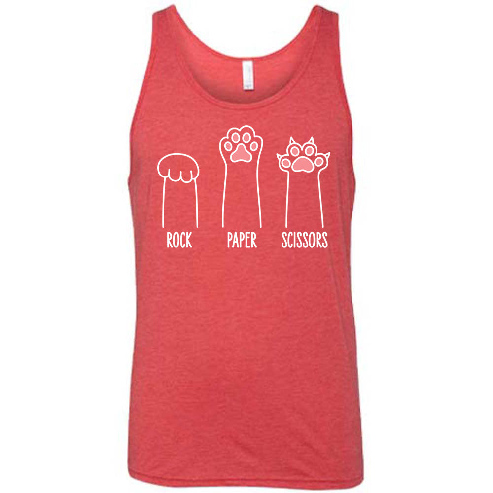 Red colored tank with a triple cat paw graphic on it that says "Rock Paper Scissors"