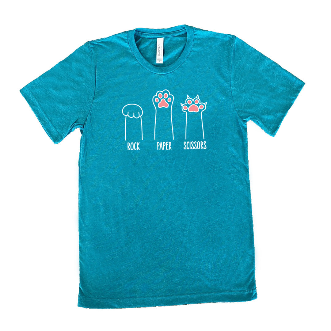 Teal colored shirt with a triple cat paw graphic on it that says "Rock Paper Scissors"