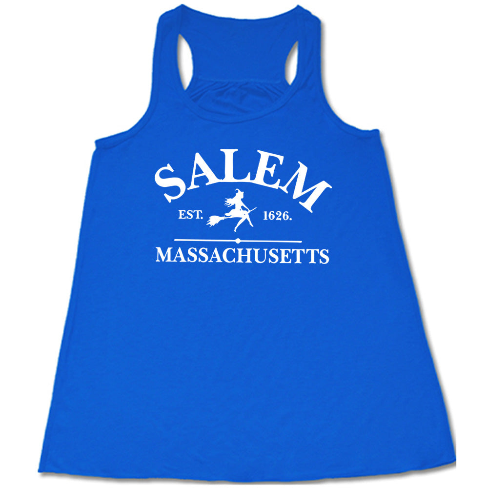 Blue colored flowy tank with witch on a broom graphic on it that says "Salem EST. 1626 Massachusetts"