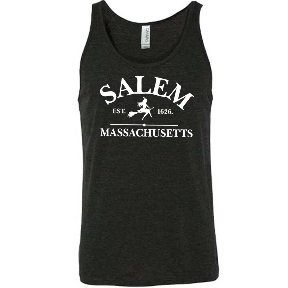 Black colored tank with witch on a broom graphic on it that says "Salem EST. 1626 Massachusetts"