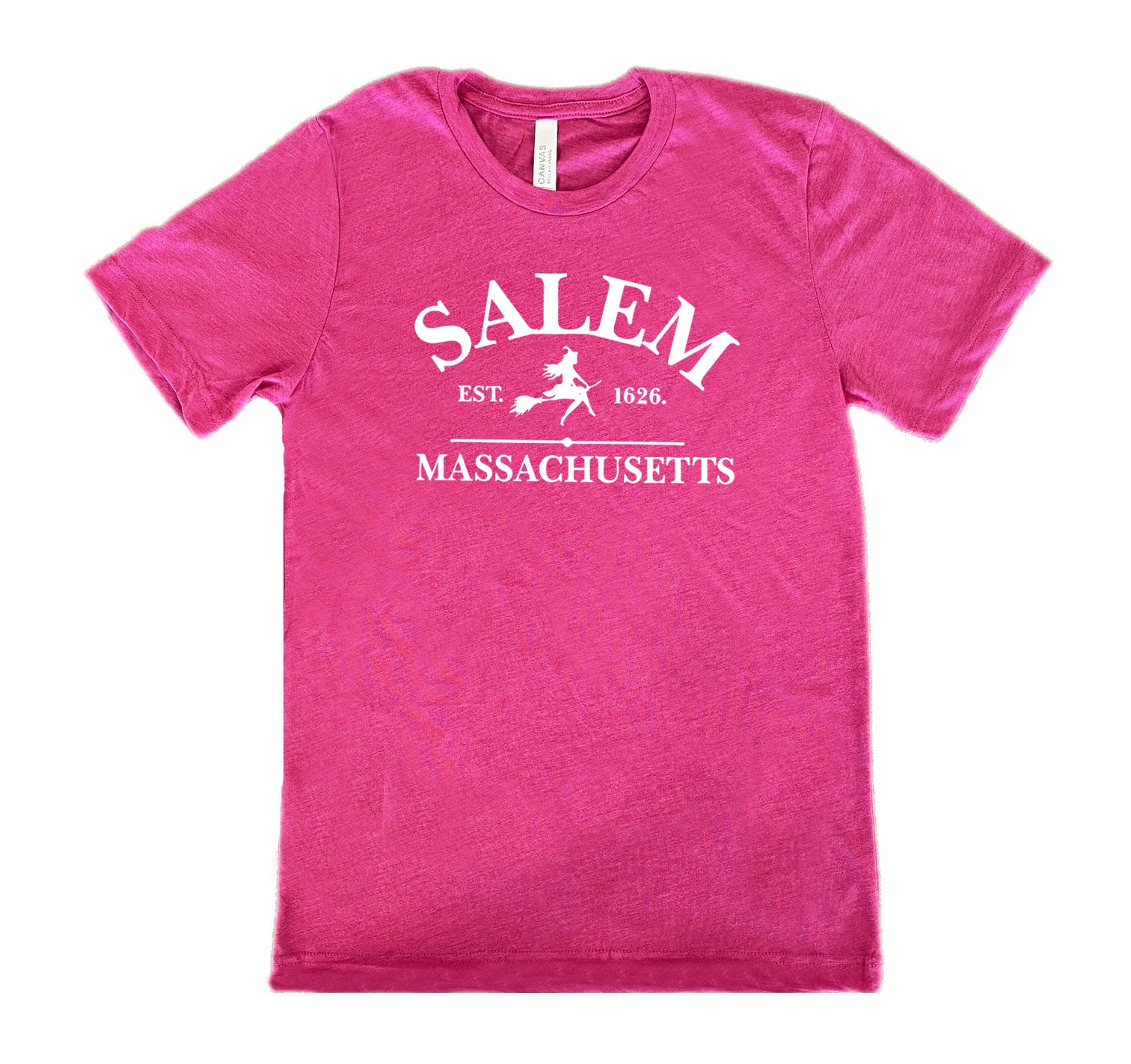 Berry colored shirt with witch on a broom graphic on it that says "Salem EST. 1626 Massachusetts"