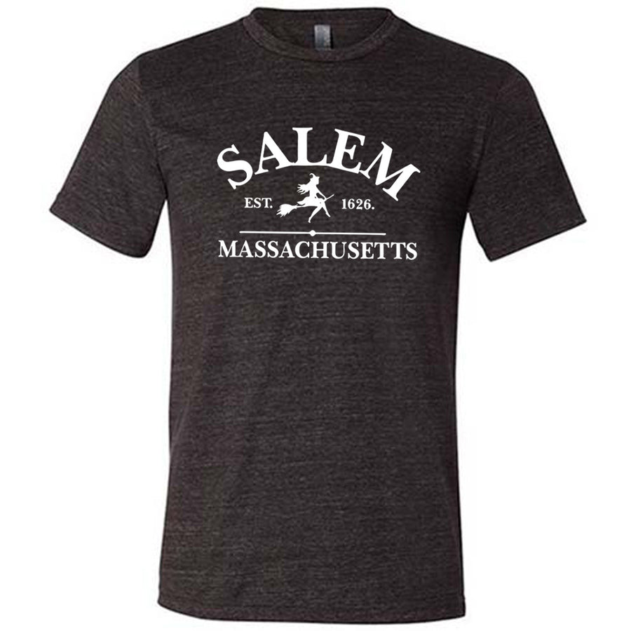 Black colored shirt with witch on a broom graphic on it that says "Salem EST. 1626 Massachusetts"