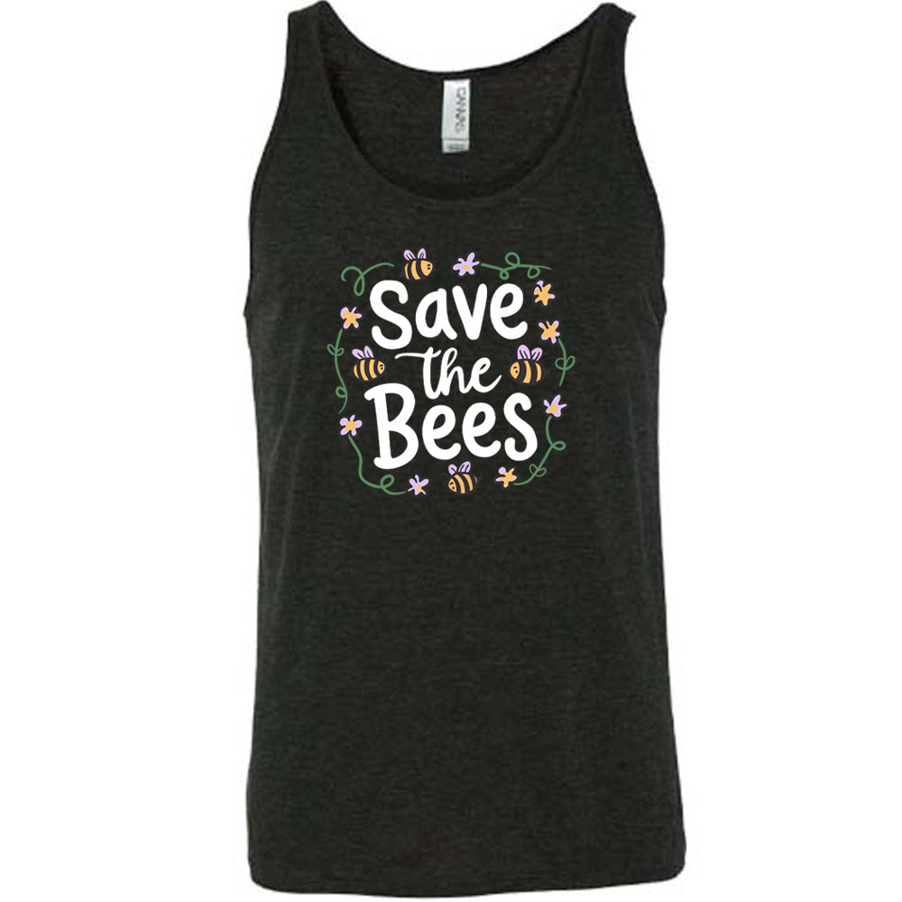 Black colored tank with a bees and flowers graphic on it that says "Save The Bees" 