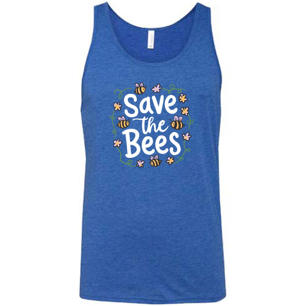 Blue colored tank with a bees and flowers graphic on it that says "Save The Bees" 