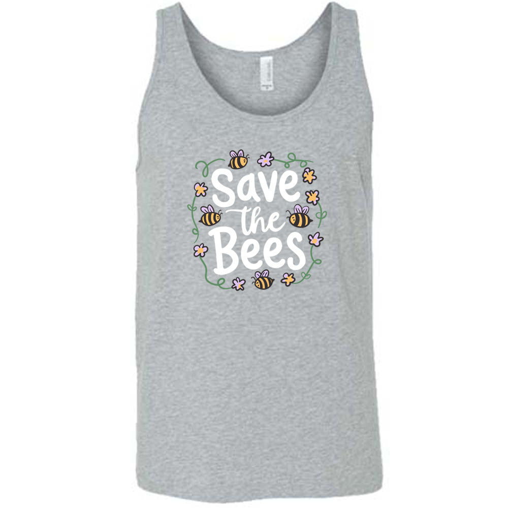 Grey colored tank with a bees and flowers graphic on it that says "Save The Bees" 