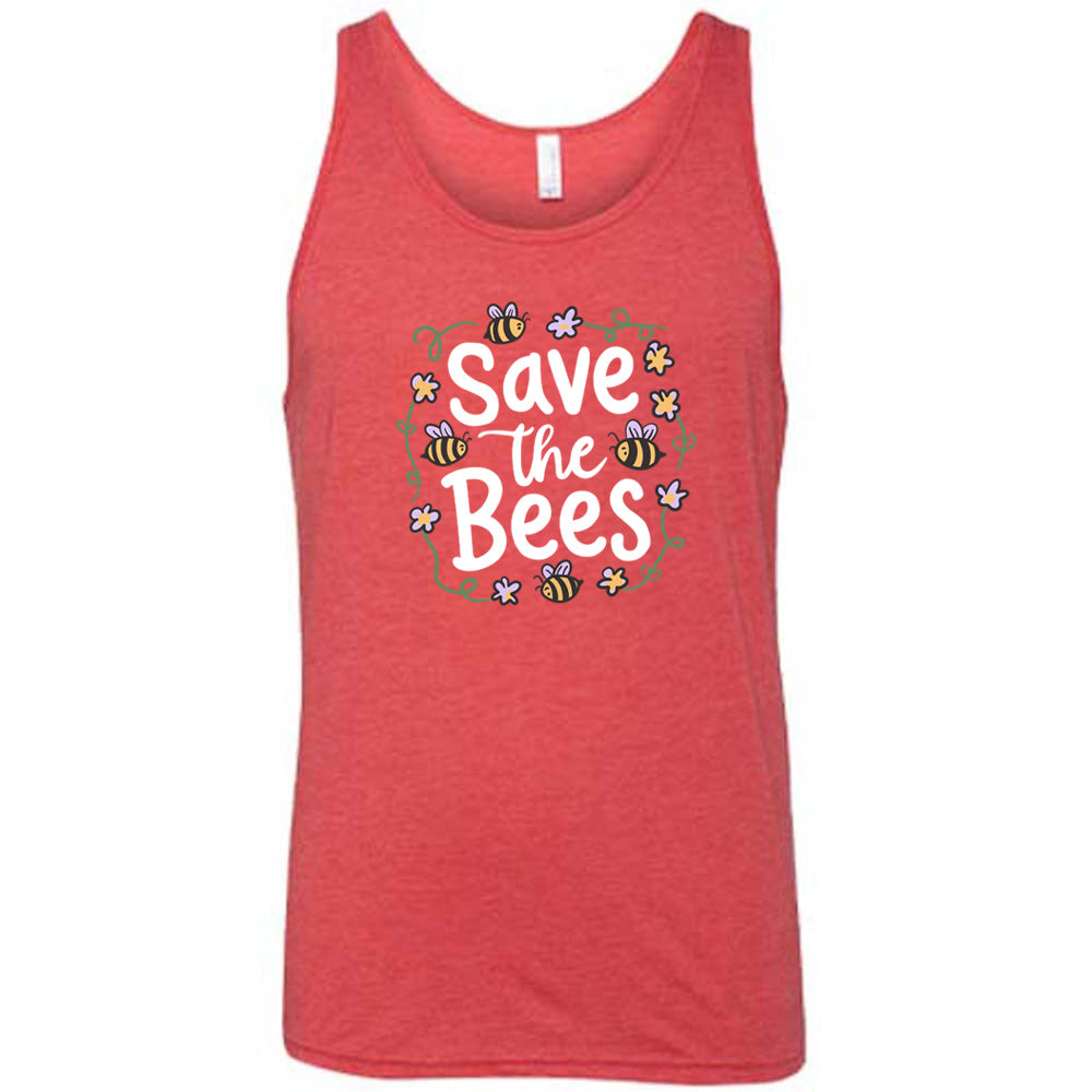 Red colored tank with a bees and flowers graphic on it that says "Save The Bees" 