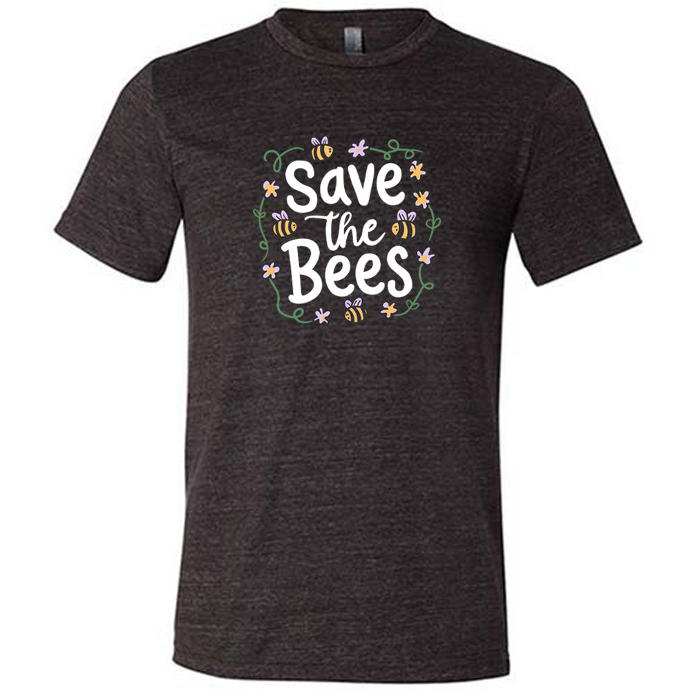 Black colored shirt with a bees and flowers graphic on it that says "Save The Bees" 