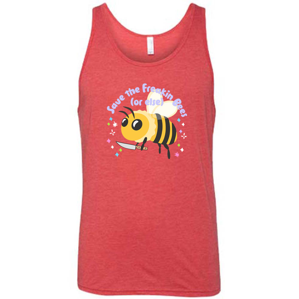 Red colored tank with a bee holding a knife graphic on it that says "Save The Freakin Bees (Or Else)" 