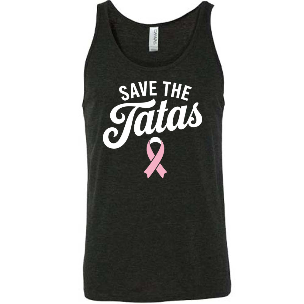 black t-shirt with 'Save the Tatas' text and pink ribbon on a white background
