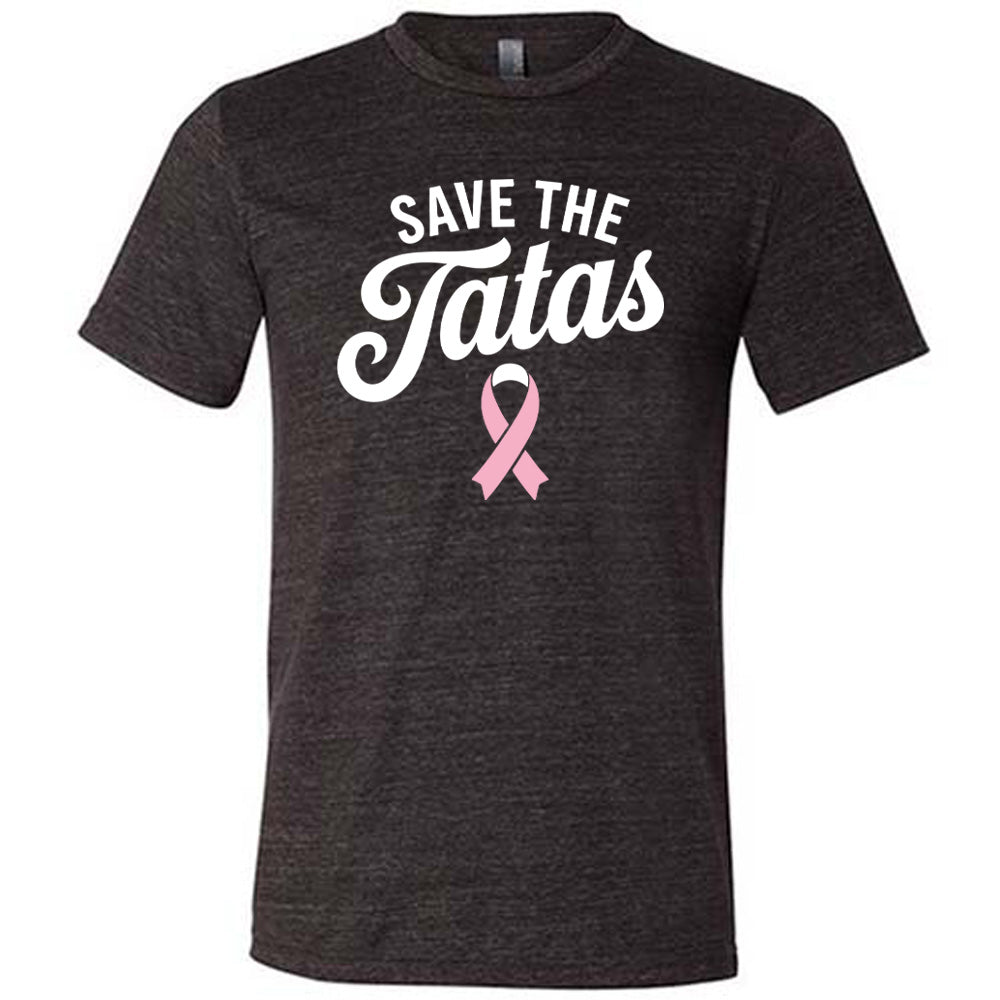 black t-shirt with 'Save the Tatas' text and pink ribbon on a white background
