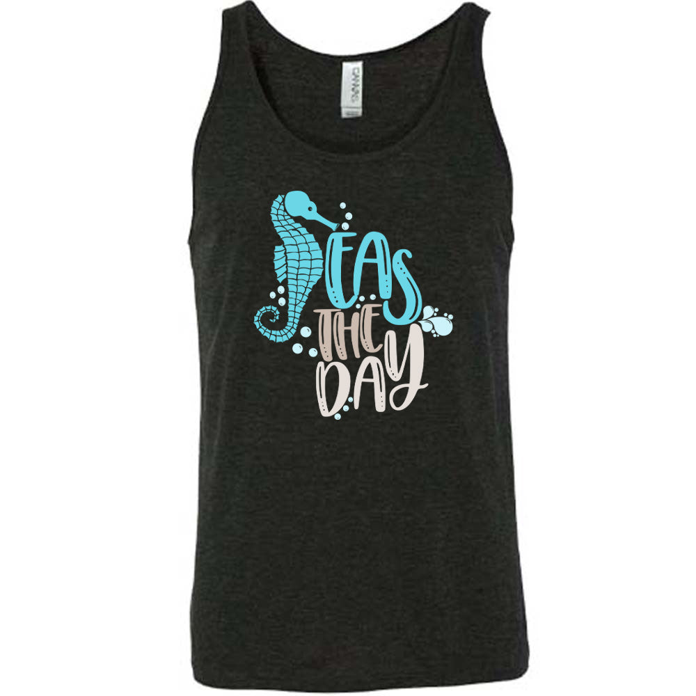 Black colored tank with a seahorse graphic on it that says "Seas The Day" 