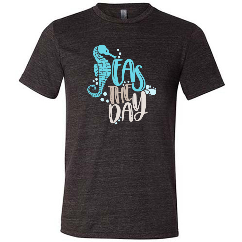 Black colored shirt with a seahorse graphic on it that says "Seas The Day" 