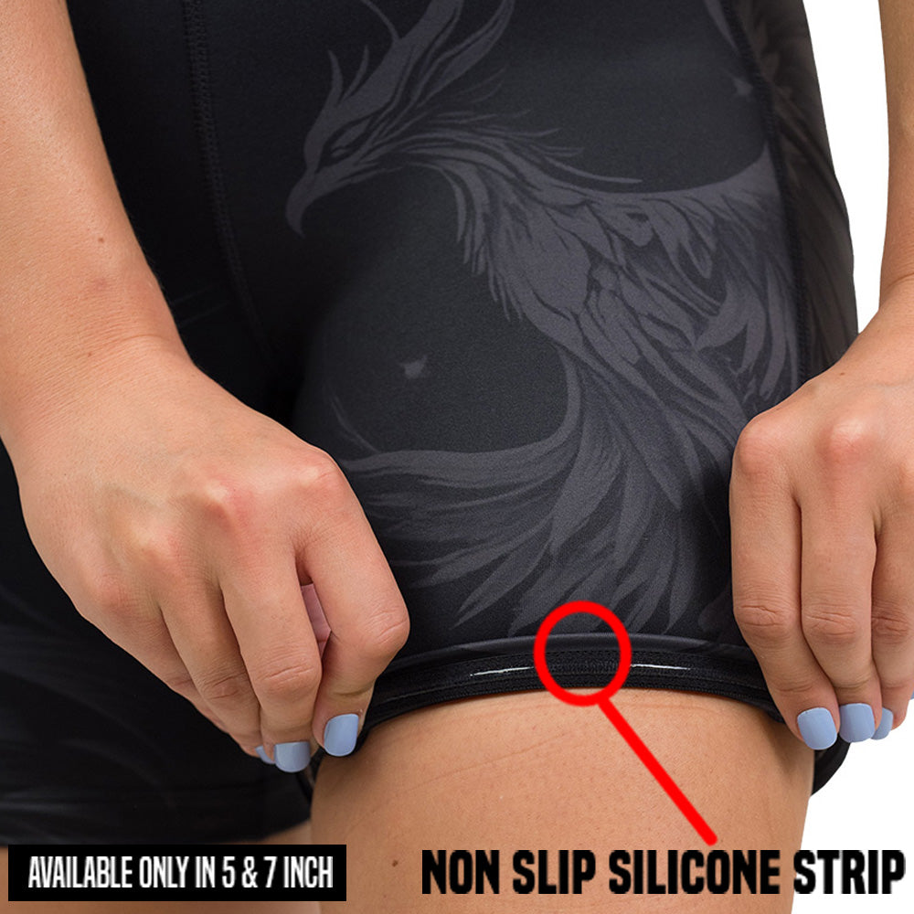 non slip strip on the Black shorts with a phoenix design on them