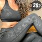 close up photo of model wearing the shadow skulls leggings. With the text "20% OFF" over the image