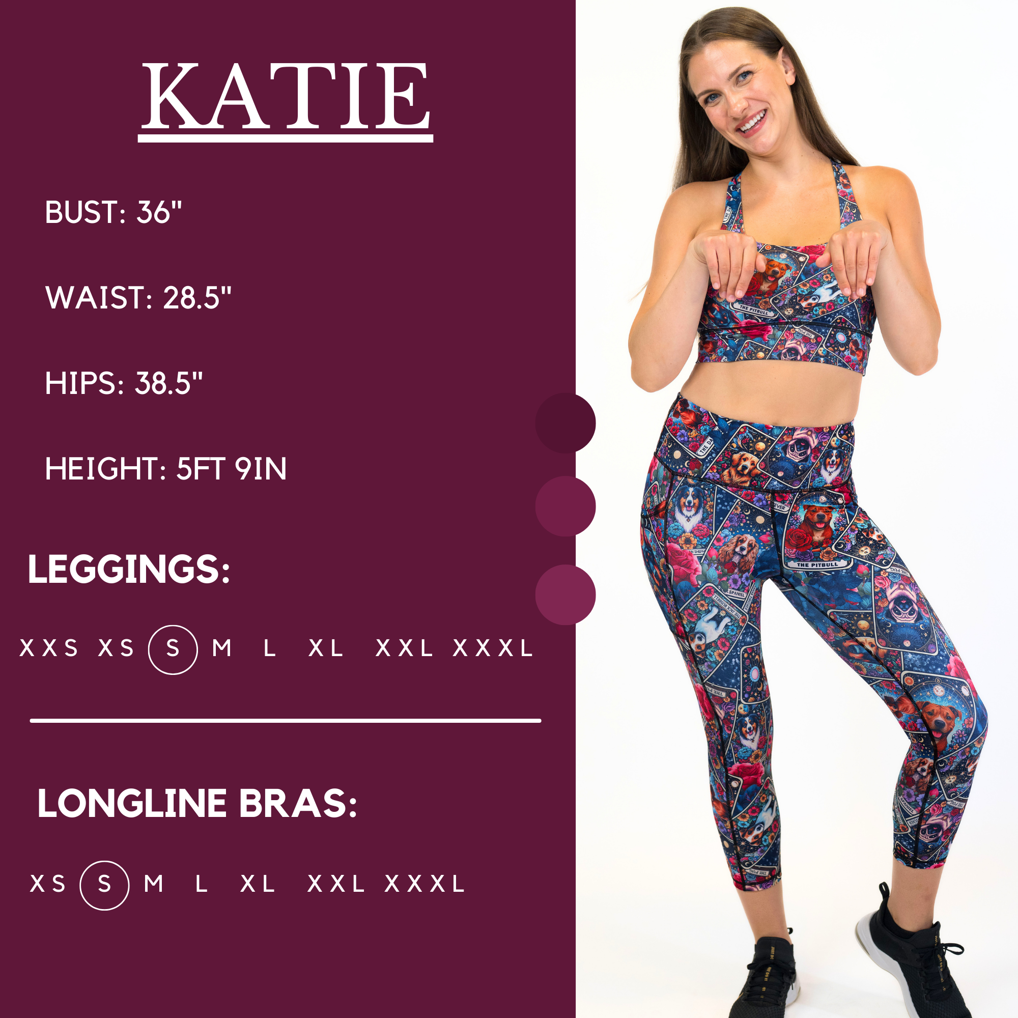 Katie Model’s measurements of 36” bust, 28.5” waist, 38.5” hips and height of 5 ft 9 inches. She is wearing a size small in our leggings