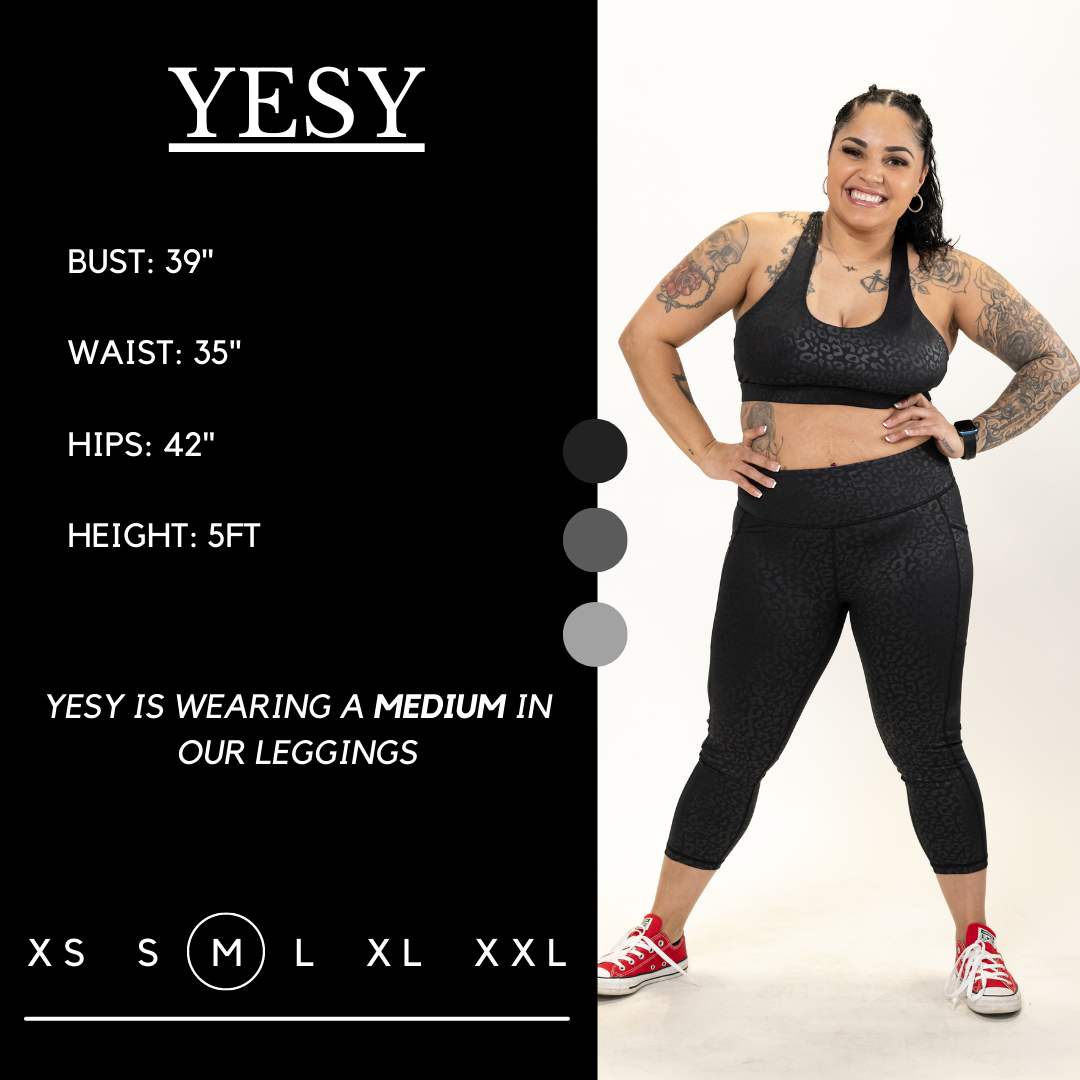 Graphic of an athletes measurements. Yesy has a bust of 39", waist of 35", hips of 42", and is 5ft tall. She wears a M in our leggings.
