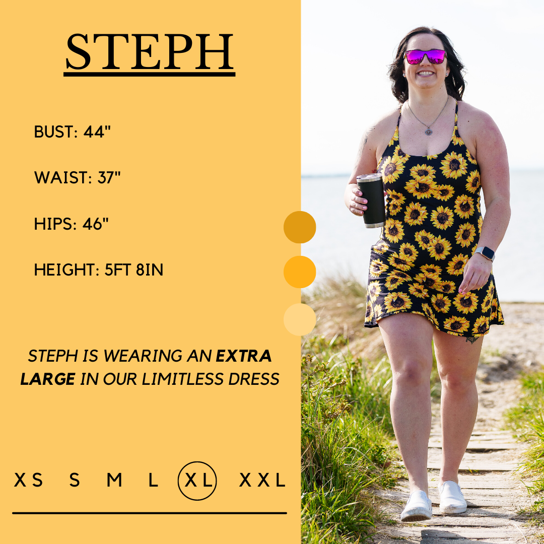 Graphic showing the measurements of a model and what size she wears for the dress. Her bust is 44 inches, waist is 37 inches, hips are 46 inches, and height is 5 foot and 8 inches. She wears an extra large in the dress