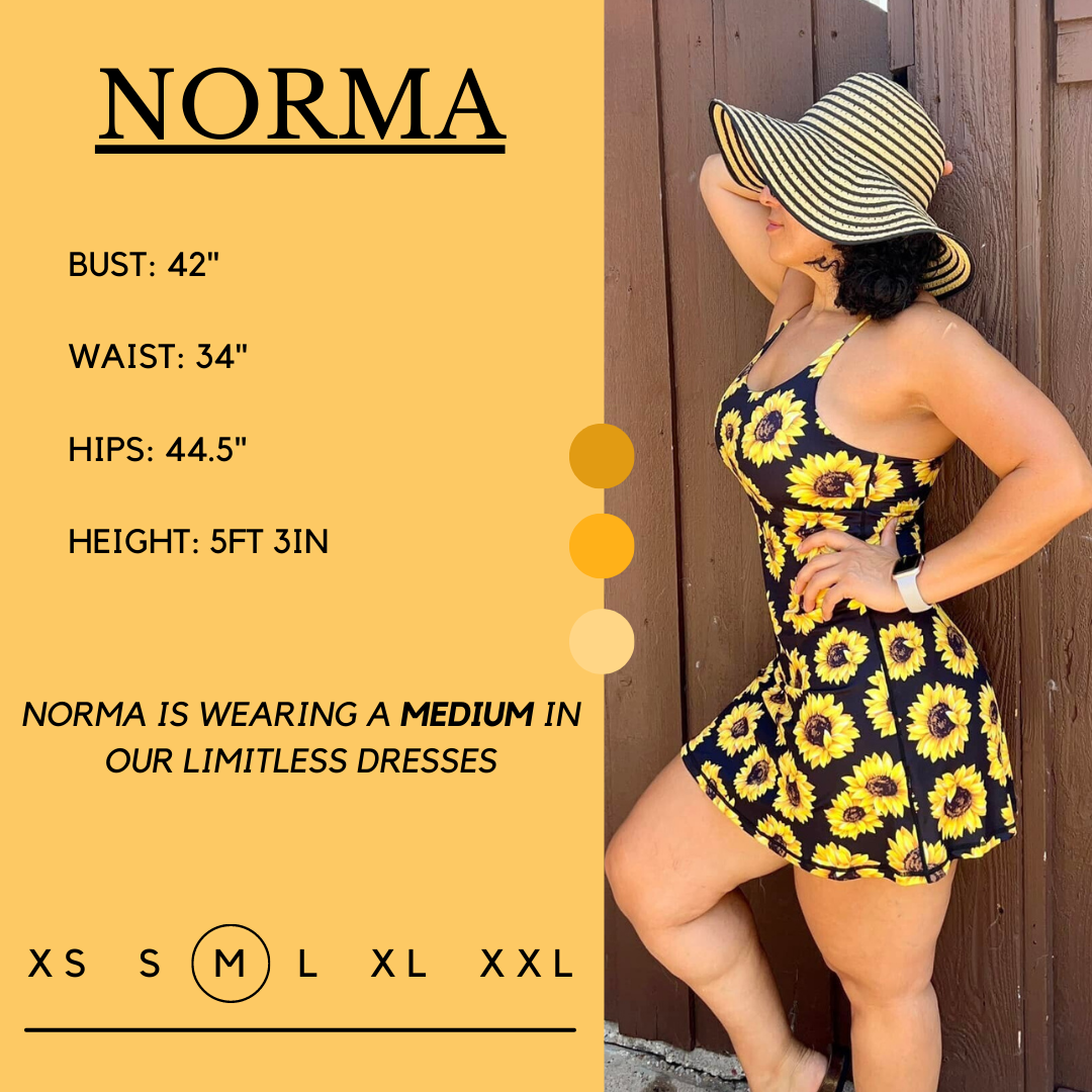 Graphic showing the measurements of a model and what size she wears for the dress. Her bust is 42 inches, waist is 34 inches, hips are 44.5 inches, and height is 5 foot and 3 inches. She wears a medium in the dress