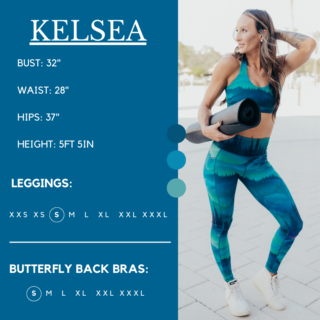 Kelsea is wearing a small in leggings and small in the butterfly back bra. She's a 32" bust, 28" waist, 37" hips, and is 5ft 5inches tall