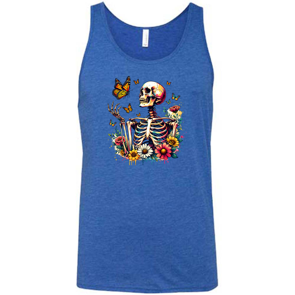 Blue colored tank with a skeleton, butterflies, and flowers graphic on it