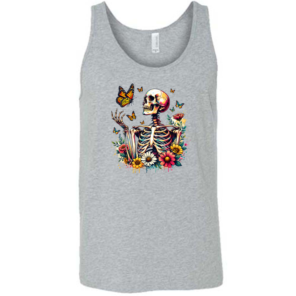 Grey colored tank with a skeleton, butterflies, and flowers graphic on it