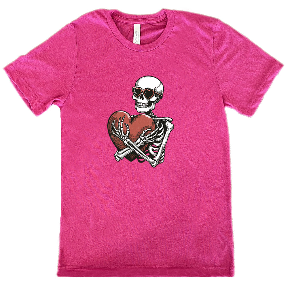 berry shirt with a skeleton hugging a heart graphic on it