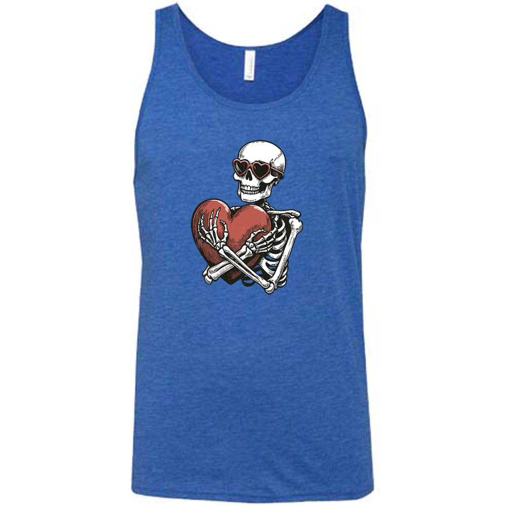 blue shirt with a skeleton hugging a heart graphic on it