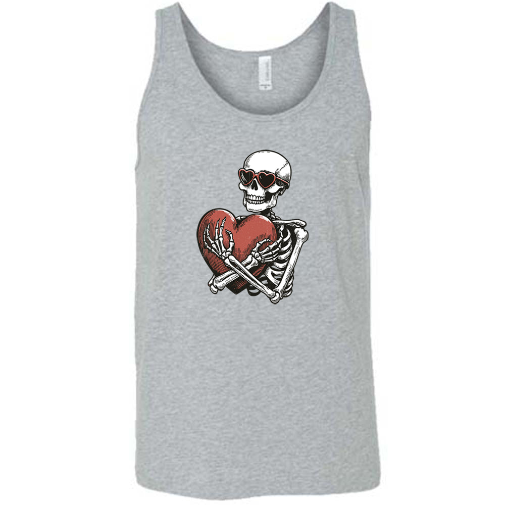 grey shirt with a skeleton hugging a heart graphic on it
