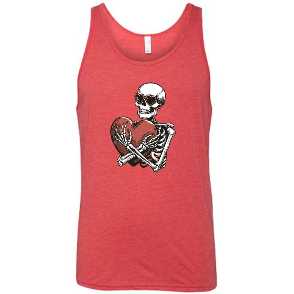 red shirt with a skeleton hugging a heart graphic on it