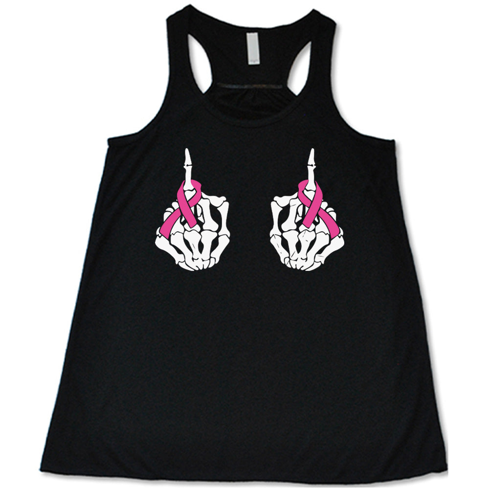 black t-shirt with skeleton hand designs and pink ribbons
